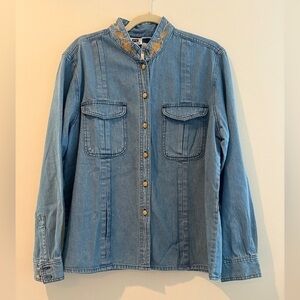 NWT Vintage Blue Denim Cabincore Button Down Embroidered Shacket  Size Large